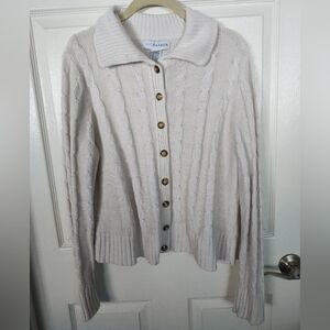 Sag Harbor Cream Cable-Knit Button Cardigan with Fold-Over Collar
